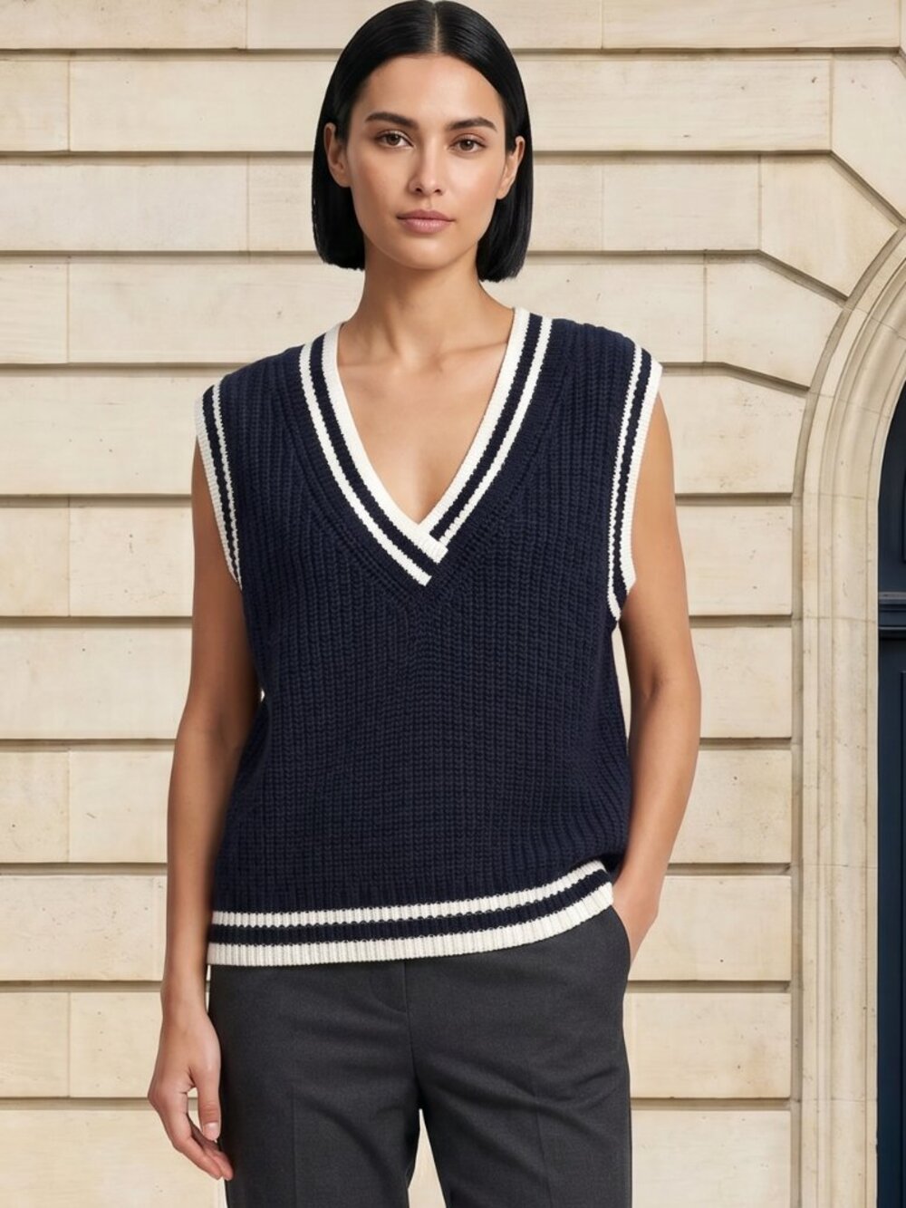 H&M Sweater Vest‎ L Navy White Academia Preppy V Neck Sleeveless Quiet Luxury